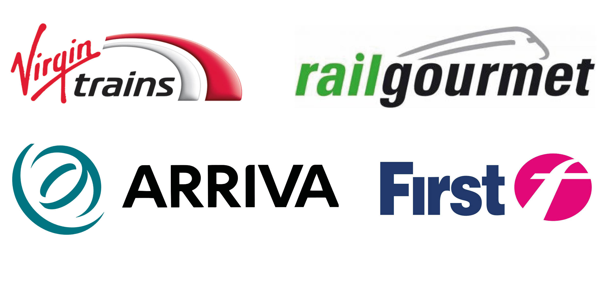 virgin trains, rail gourmet, arriva and first trains logos
